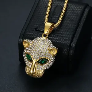 COLLAR CADENA ACERO TITANIO CON DIJE CABEZA DE LEOPARDO