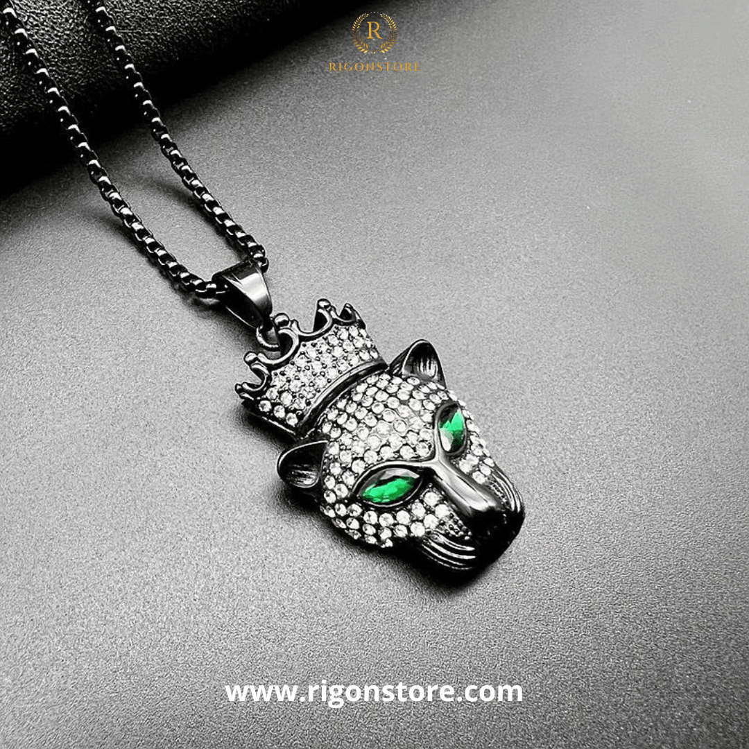 COLLAR CADENA ACERO TITANIO CON DIJE DE CABEZA DE LEOPARDO NEGRA