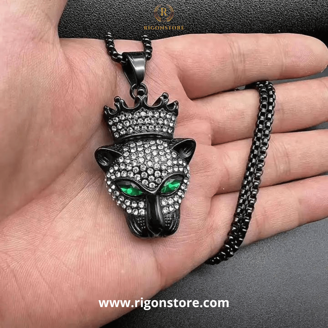 COLLAR CADENA ACERO TITANIO CON DIJE DE CABEZA DE LEOPARDO NEGRA - Imagen 2