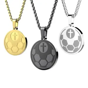 COLLAR CADENA DE ACERO TITANIO CON DIJE MEDALLA DE FUTBOL