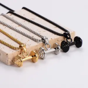 COLLAR CADENA DE ACERO TITANIO CON DIJE DE PESAS GYM