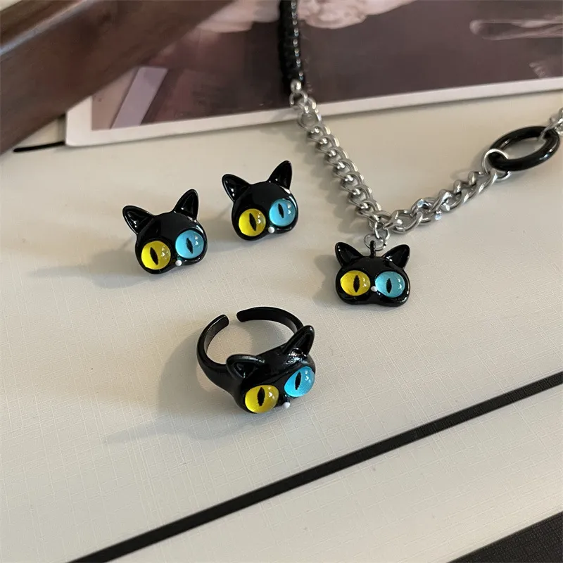 SET DE COLLAR CADENA ANILLO Y ZARCILLO CON DIJE DE GATO DE ACERO TITANIO - Imagen 6