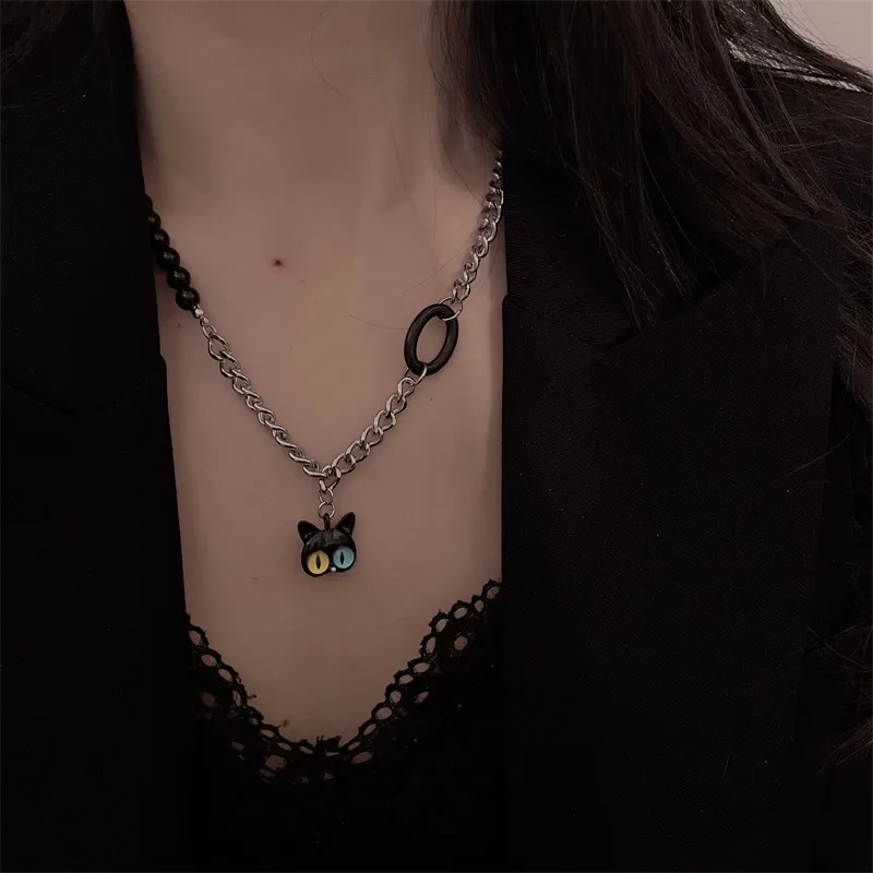 SET DE COLLAR CADENA ANILLO Y ZARCILLO CON DIJE DE GATO DE ACERO TITANIO - Imagen 2