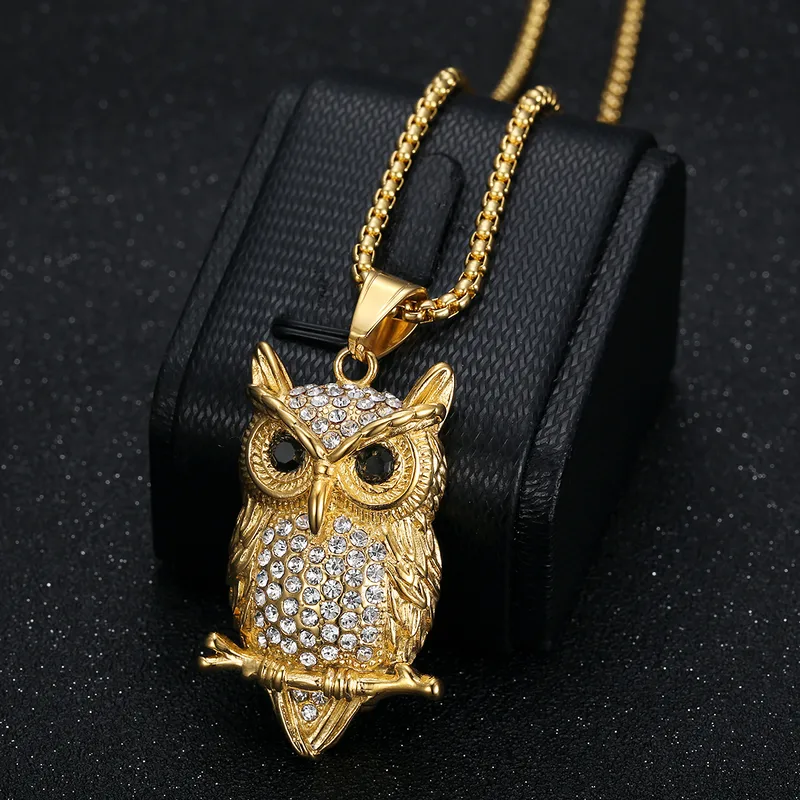 COLLAR CADENA DE ACERO TITANIO CON DIJE DE BUHO