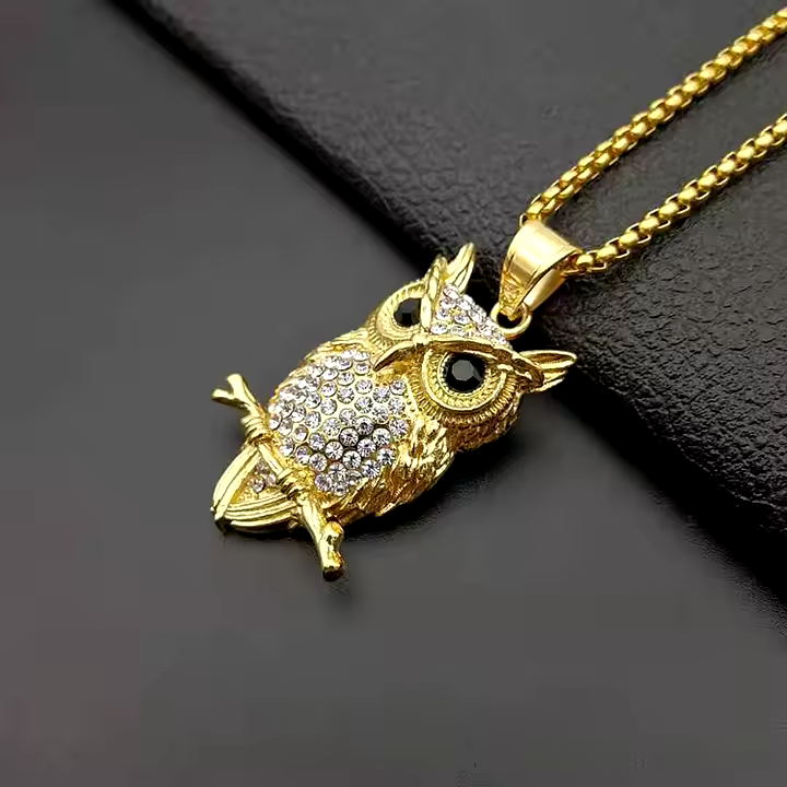 COLLAR CADENA DE ACERO TITANIO CON DIJE DE BUHO - Imagen 3