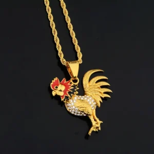 COLLAR CADENA DE ACERO TITANIO CON DIJE DE GALLO