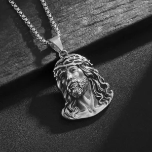 COLLAR CADENA DE ACERO TITANIO CON DIJE DE CARA DE CRISTO
