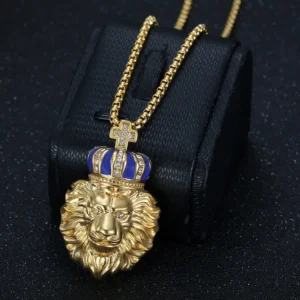 COLLAR CADENA DE ACERO TITANIO CON DIJE DE LEON
