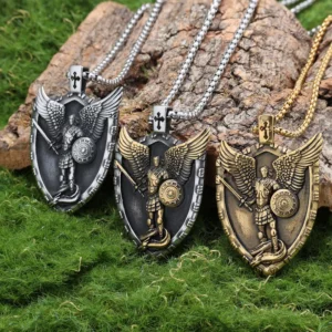 COLLAR CADENA DE ACERO TITANIO CON DIJE SAN MIGUEL ARCÁNGEL