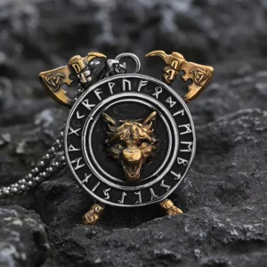 COLLAR CADENA DE ACERO TITANIO CON DIJE DE LOBO NORDICO