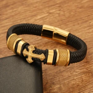 BRAZALETE PULSERA DE ACERO TITANIO CON DIJE DE CRUCIFIJO