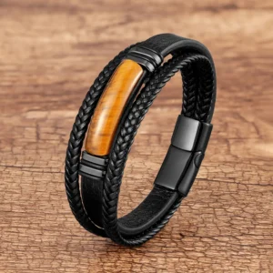 BRAZALETE PULSERA DE CUERO CON PIEDRA OJO DE TIGRE