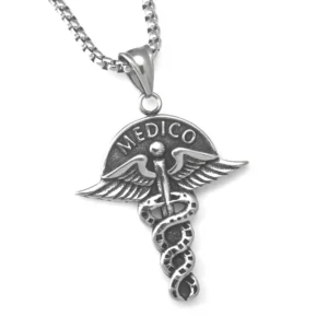 COLLAR CADENA DE ACERO TITANIO CON DIJE DE MEDICO
