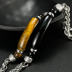 BRAZALETE PULSERA DE ACERO TITANIO Y OJO DE TIGRE