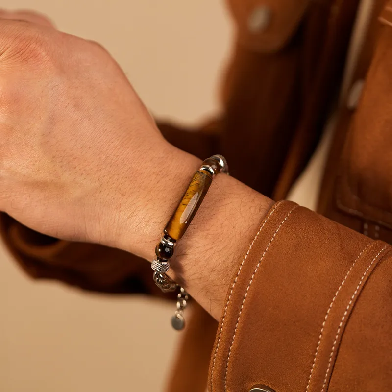 BRAZALETE PULSERA DE ACERO TITANIO Y OJO DE TIGRE - Imagen 2