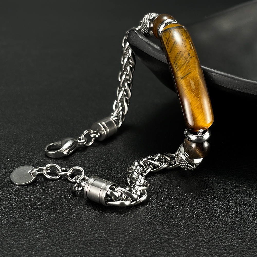 BRAZALETE PULSERA DE ACERO TITANIO Y OJO DE TIGRE - Imagen 6