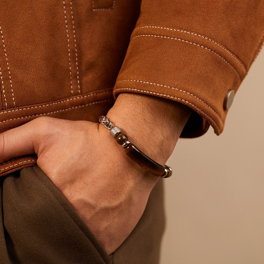 BRAZALETE PULSERA DE ACERO TITANIO Y OJO DE TIGRE - Imagen 3
