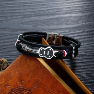 BRAZALETE PULSERA DE CUERO Y ACERO INOXIDABLE CON DIJE DE GUITARRA