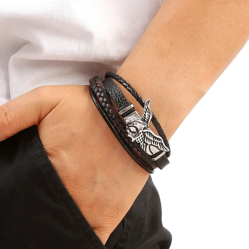BRAZALETE PULSERA DE CUERO Y ACERO TITANIO CON DIJE DE AGUILA - Imagen 2