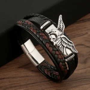 BRAZALETE PULSERA DE CUERO Y ACERO TITANIO CON DIJE DE AGUILA