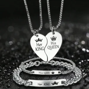 SET DE COLLAR Y PULSERA DE ACERO TITANIO PARA PAREJAS CON DIJE DE FORMA DE CORAZON