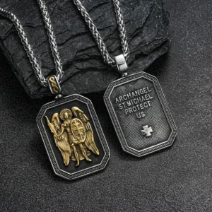 COLLAR CADENA DE ACERO TITANIO CON DIJE ESCUDO SAN MIGUEL ARCÁNGEL