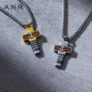 COLLAR CADENA DE ACERO TITANIO CON DIJE DE CRUZ CON ANLCA