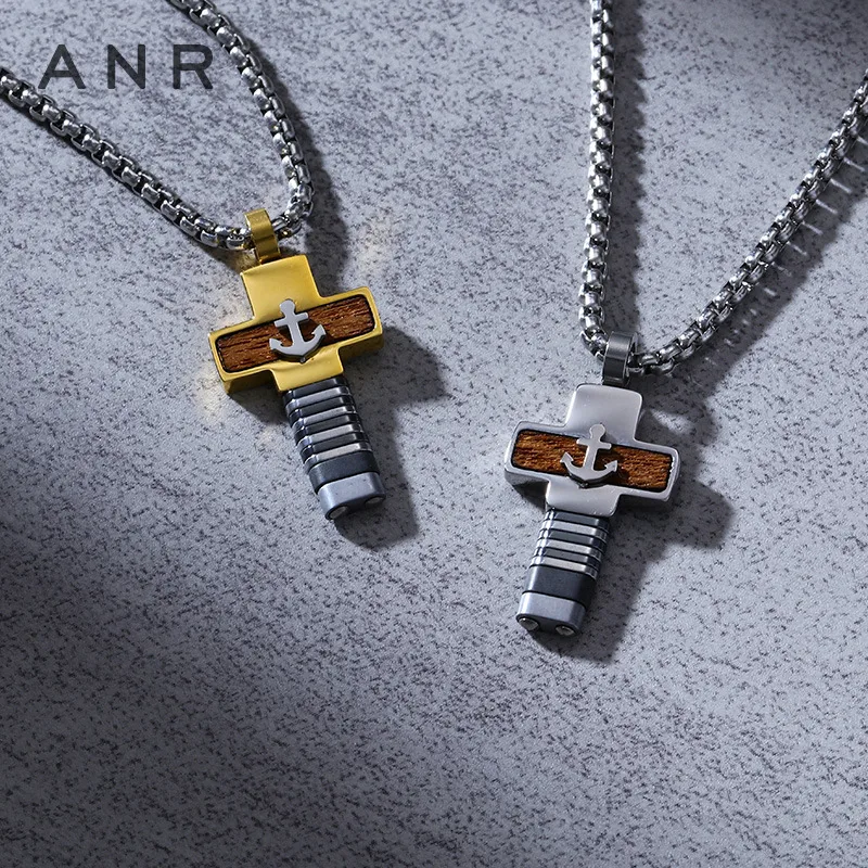 COLLAR CADENA DE ACERO TITANIO CON DIJE DE CRUZ CON ANLCA