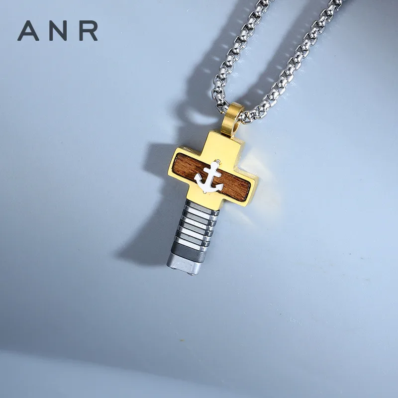 COLLAR CADENA DE ACERO TITANIO CON DIJE DE CRUZ CON ANLCA - Imagen 3