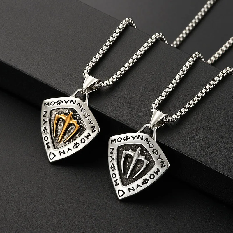 COLLAR CADENA DE ACERO TITANIO CON DIJE ESCUDO CON TRIDENTE