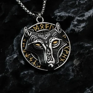 COLLAR CADENA DE ACERO TITANIO CON DIJE DE LOBO VIKINGO NORDICO
