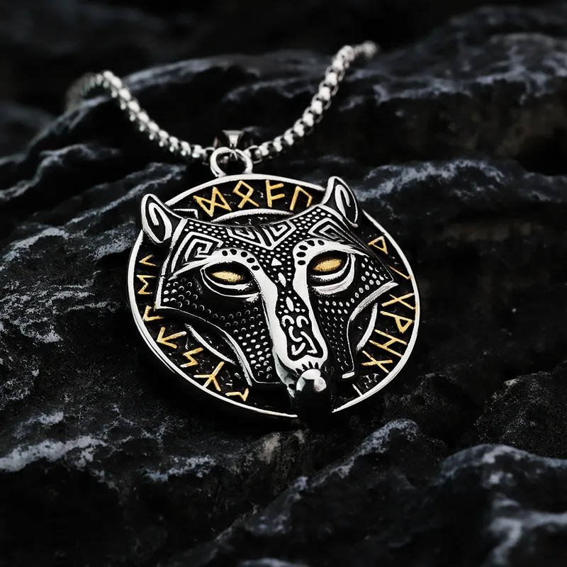 COLLAR CADENA DE ACERO TITANIO CON DIJE DE LOBO VIKINGO NORDICO - Imagen 2