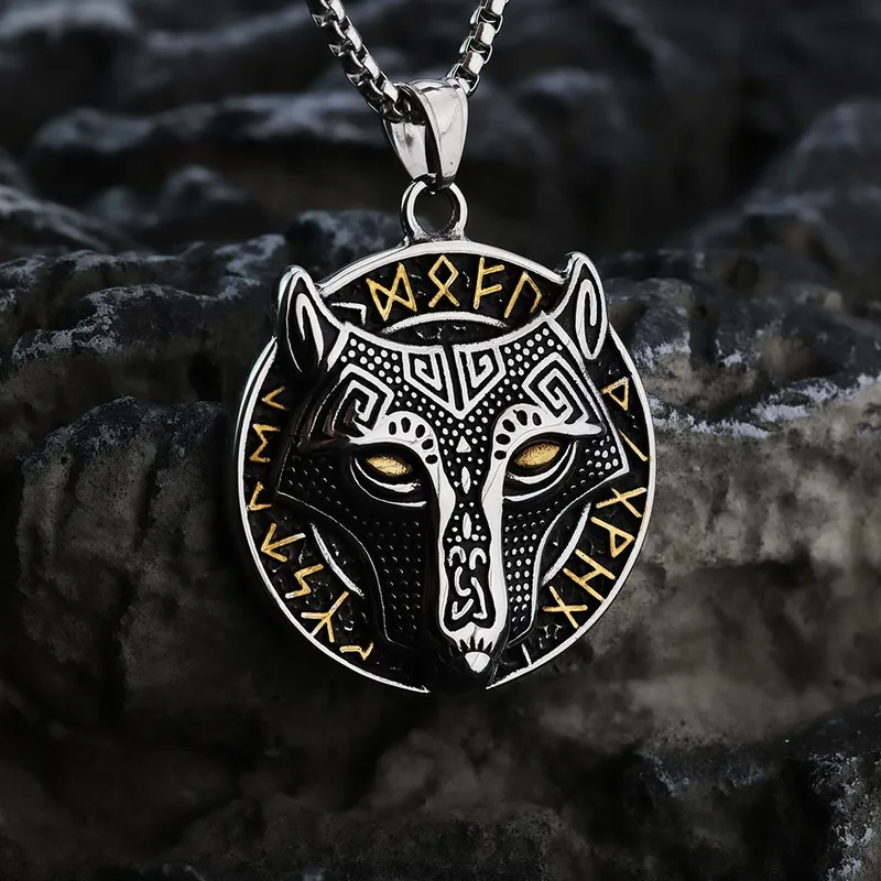 COLLAR CADENA DE ACERO TITANIO CON DIJE DE LOBO VIKINGO NORDICO - Imagen 3